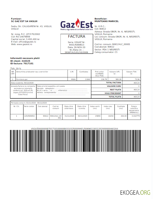 ROMANIA GAZ EST utility bill Word and PDF template